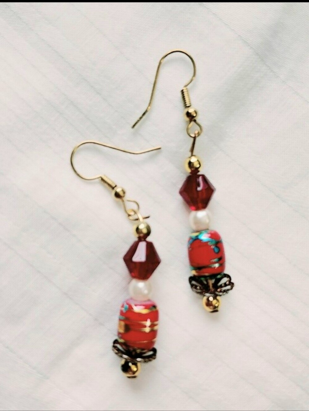 Gold Artisan Glass Bead Pearl Dangly Earrings